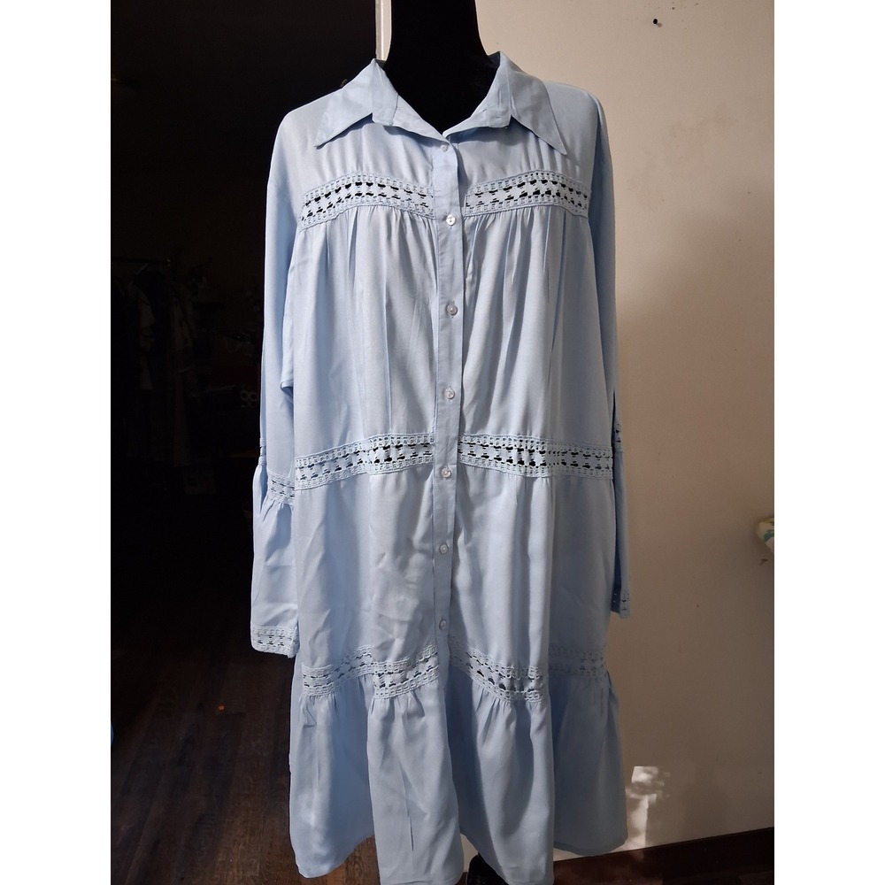 Raviya Womens 2X Light Blue Rayon Crochet Lace Tiered Button‎ Front Shirt Dress